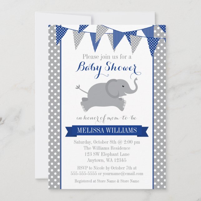 Navy Grått Elephant Polka Dot Bunting Baby Shower Inbjudningar (Framsida)