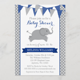 Navy Grått Elephant Polka Dot Bunting Baby Shower Inbjudningar
