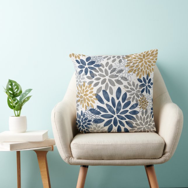 Navy Grått Guld Dahlia Blooms Kudde (Stol)