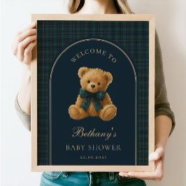 Navy Green Plaid Teddy Bear Baby Shower Welcome Poster