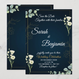 Navy Greenery Elegant Wedding Invitation Inbjudningar