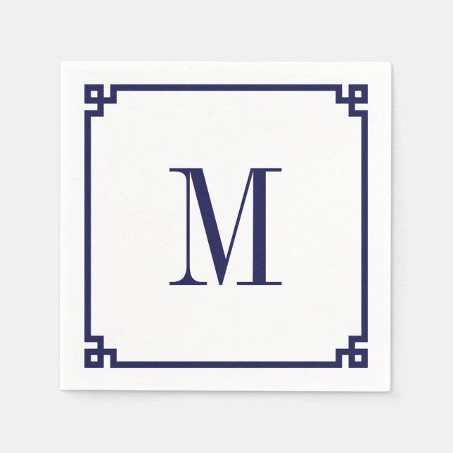 Navy Grekisk Nyckel Kant Monogram Pappersservett (Framsidan)