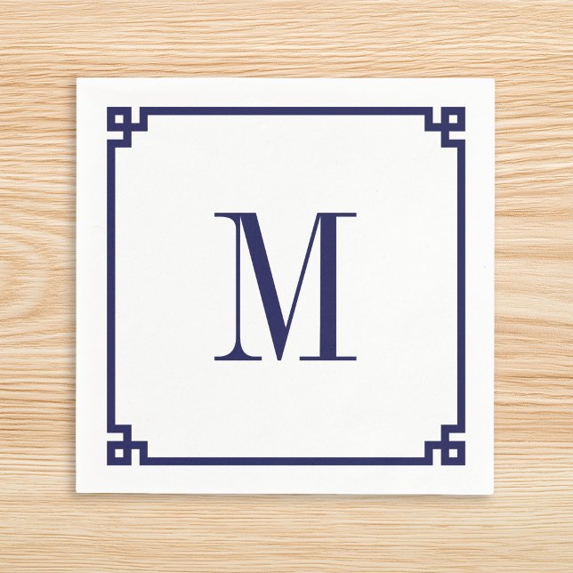 Navy Grekisk Nyckel Kant Monogram Pappersservett (Navy Greek Key Border Monogram Napkins)