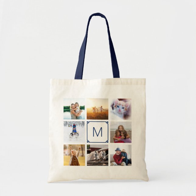 Navy Grekisk Nyckel Monogram 8 Foto Collage Tygkasse (Framsidan)