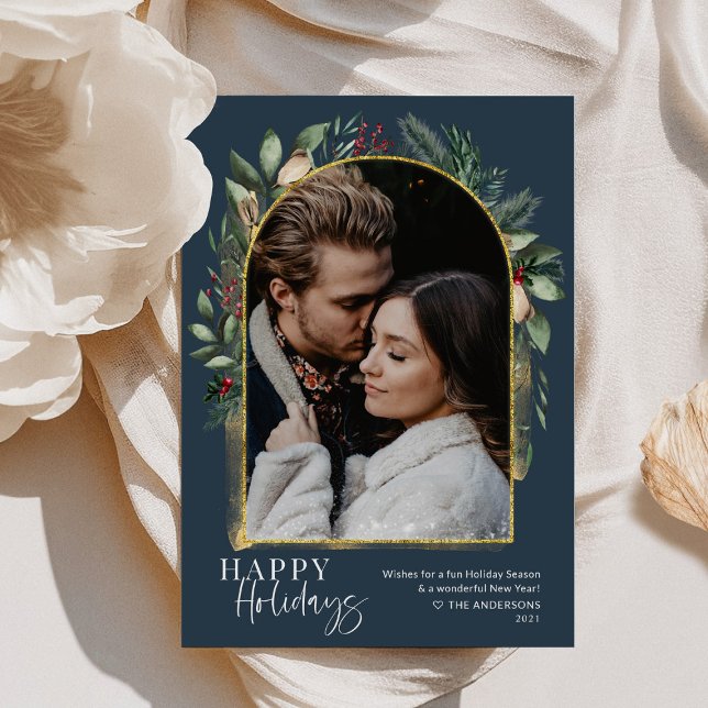 Navy Grönhet Guld Båg Trendig Script Foto Julkort (Skapare uppladdad)