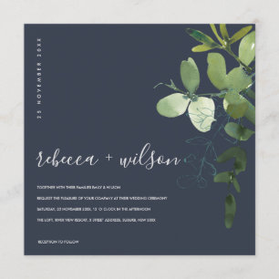 NAVY GRÖNT EUCALYPTUS FOLIAGE WATERCOLOR BRÖLLOP INBJUDNINGAR