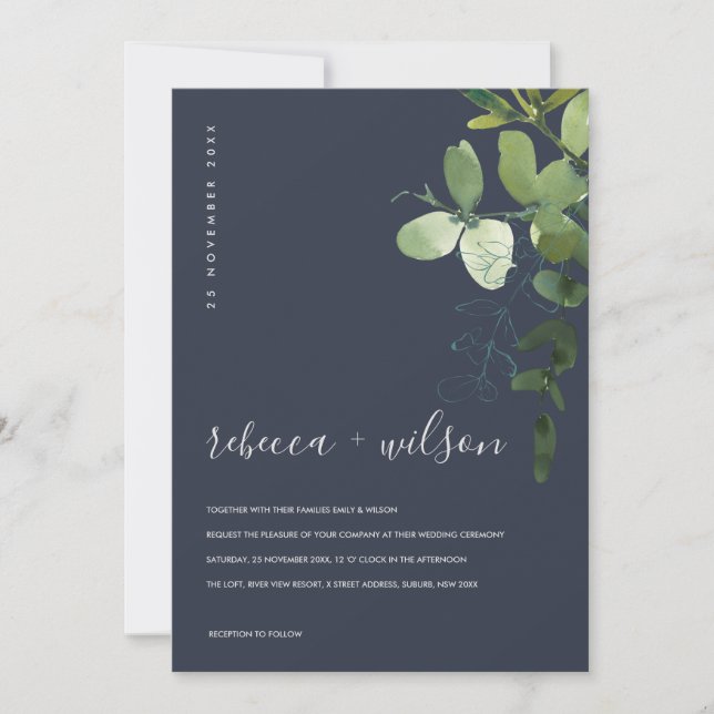 NAVY GRÖNT EUCALYPTUS FOLIAGE WATERCOLOR BRÖLLOP INBJUDNINGAR (Framsida)