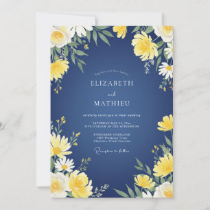 Navy Gul Daisy Eucalyptus Bröllop Inbjudningar
