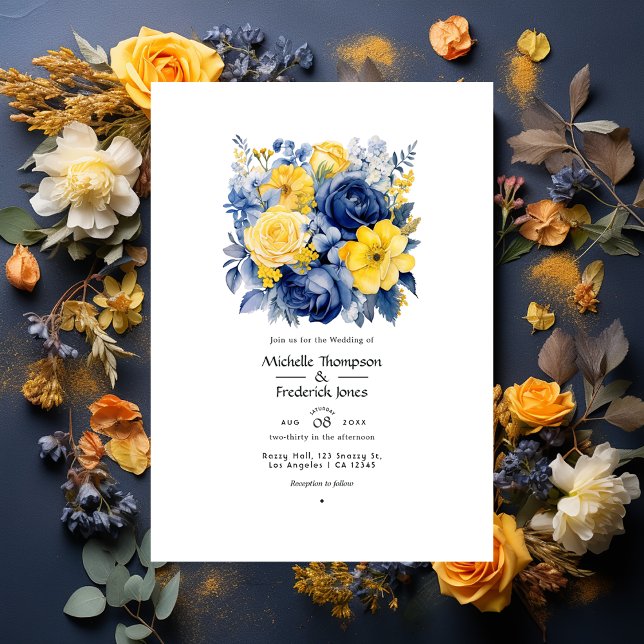 Navy, Gul och Blå Blommig Bröllop Inbjudningar (Skapare uppladdad)
