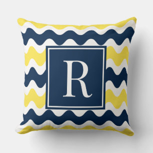 Navy & Gul Preppy Ric Rac Randig Monogram Kudde