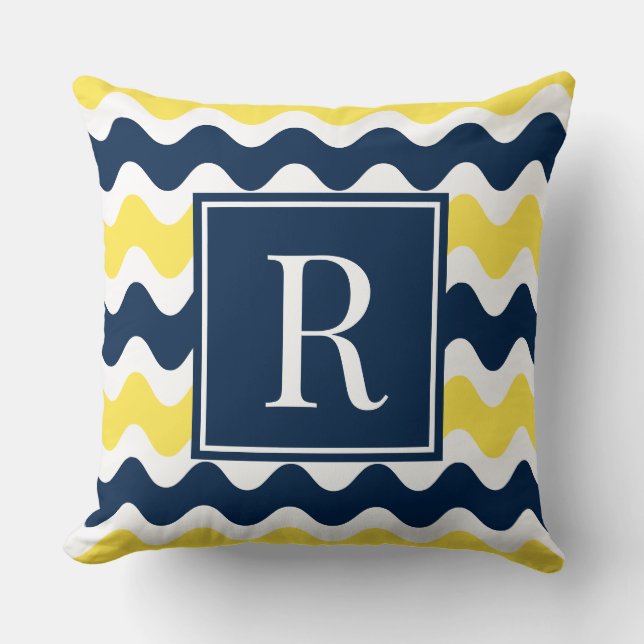 Navy & Gul Preppy Ric Rac Randig Monogram  Kudde (Framsida)