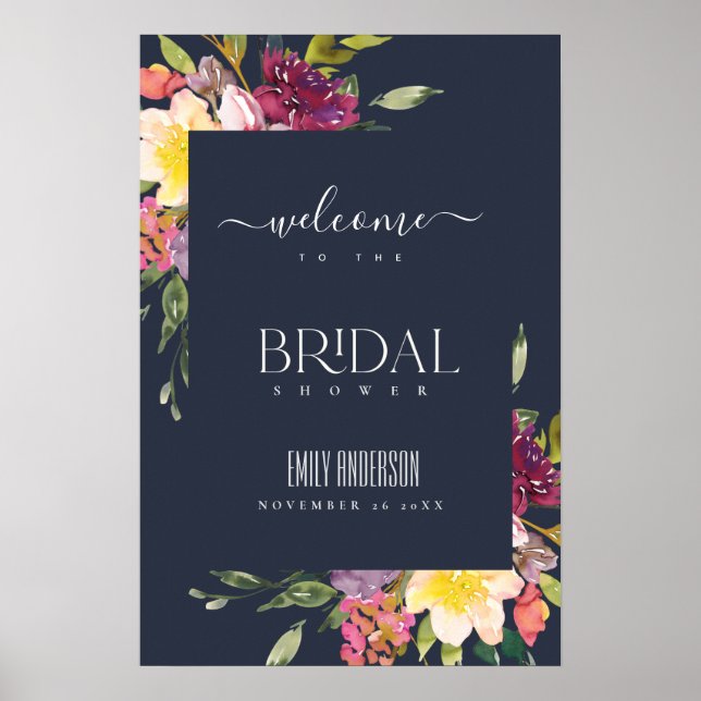 NAVY GUL RÖDROSE FLORAL BRUDSHOWER  POSTER (Framsidan)