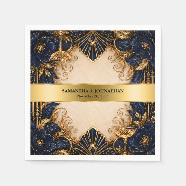 Navy guld art deco gatsby bröllopsmiddag pappersservett (Framsidan)