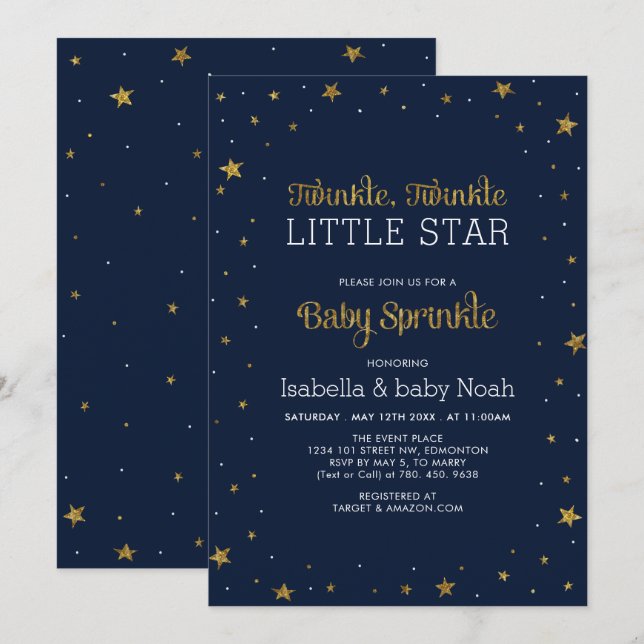 Navy & Guld | Blinkar Lilla Stjärna Baby Sprinkle Inbjudningar (Fram/baksida)