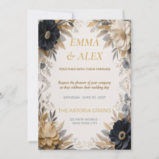Navy & Guld Blommig Bröllopsinbjudan | Elegant Inbjudningar
