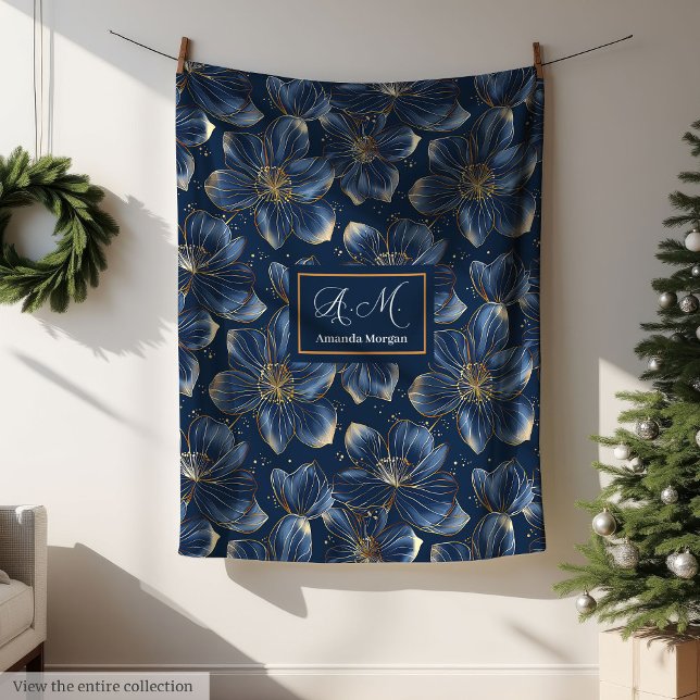 Navy Guld Blommig Filta Chic Personlig Present Fleecefilt (Navy Gold Floral Blanket Chic Personalized Gift)