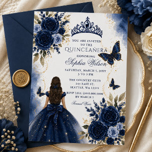 Navy Guld Blommig Fjäril Princess Quinceañera Inbjudningar