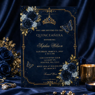Navy Guld Blommig Fjäril Quinceañera Inbjudningar
