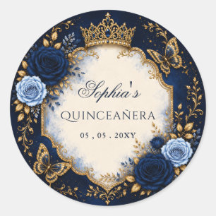 Navy Guld Blommig Fjäril Quinceañera Runt Klistermärke