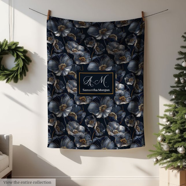 Navy Guld Blommig Kastrull Elegant Monogramfilt Fleecefilt (Navy Gold Floral Throw Elegant Monogram Blanket)