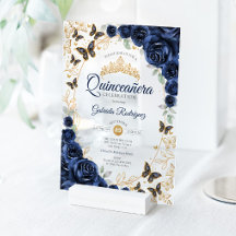 Navy Guld Blommig Quinceanera