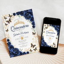 Navy Guld Blommig Quinceanera