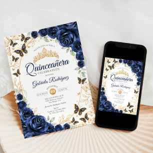 Navy Guld Blommig Quinceanera Inbjudningar