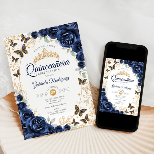 Navy Guld Blommig Quinceanera Inbjudningar (Skapare uppladdad)
