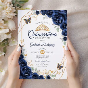 Navy Guld Blommigt Quinceanera Inbjudningar
