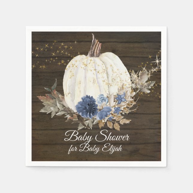 Navy Guld Blommigt Rustic Wood Pumpkin Baby Shower Pappersservett (Framsidan)