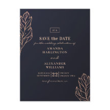 Navy guld botanisk bröllop. Blå Save the Date