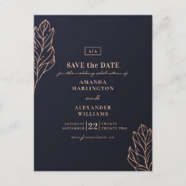Navy guld botanisk bröllop. Blå Save the Date Vykort