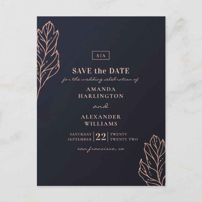 Navy guld botanisk bröllop. Blå Save the Date Vykort (Framsida)