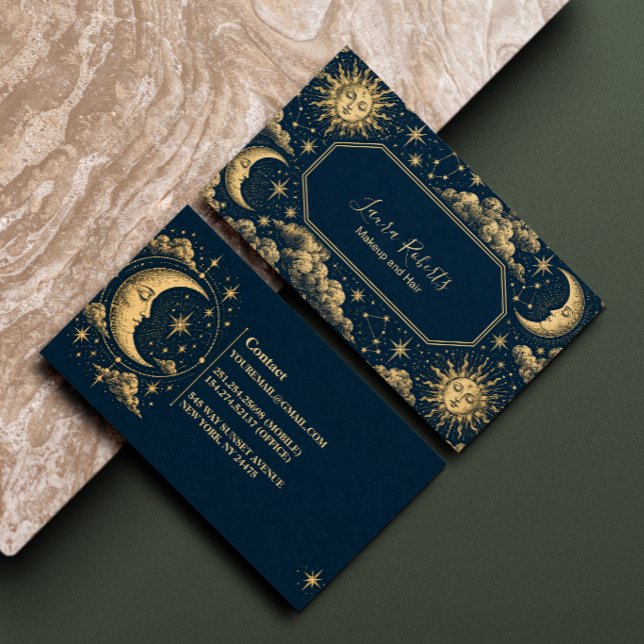 Navy Guld Celestial Sol Måne Visitkort (Skapare uppladdad)
