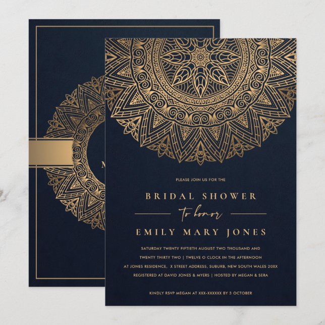 NAVY GULD CLASSIC ORNATE MANDALA MÖHIPPA INBJUDNINGAR (Fram/baksida)