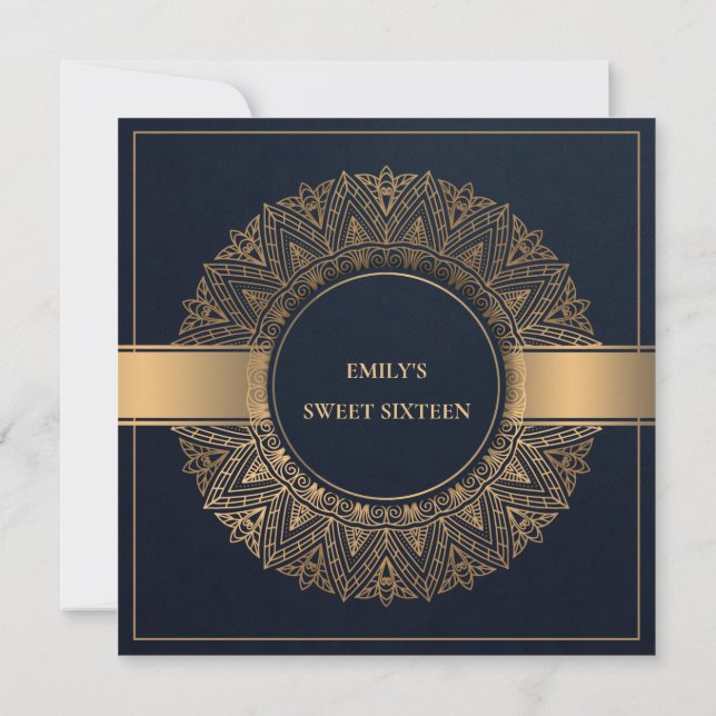NAVY GULD CLASSIC ORNATE MANDALA SWEET 16 BIRTHDAY INBJUDNINGAR (Baksida)