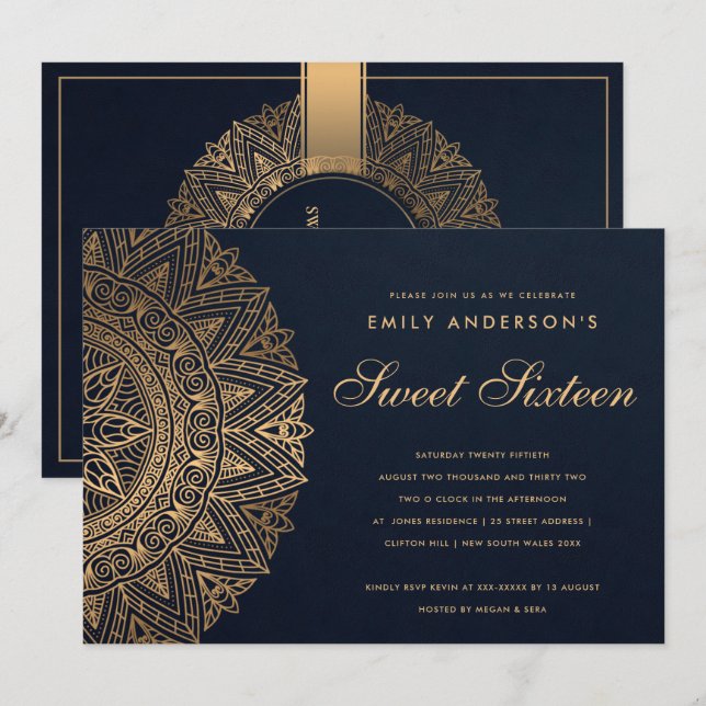 NAVY GULD CLASSIC ORNATE MANDALA SWEET 16 BIRTHDAY INBJUDNINGAR (Fram/baksida)