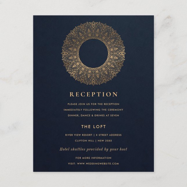 NAVY GULD CLASSY ORNATE MANDALA WEDDING RECEPTION TILLÄGGSKORT (Framsida)