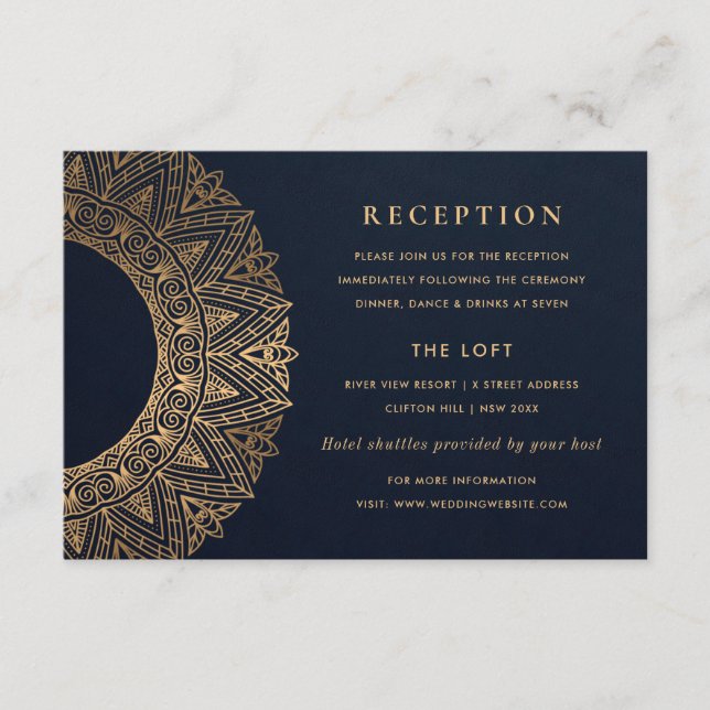 NAVY GULD CLASSY ORNATE MANDALA WEDDING RECEPTION TILLÄGGSKORT (Framsida)