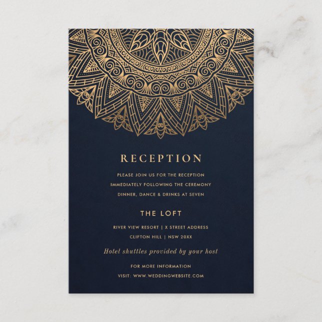 NAVY GULD CLASSY ORNATE MANDALA WEDDING RECEPTION TILLÄGGSKORT (Framsida)