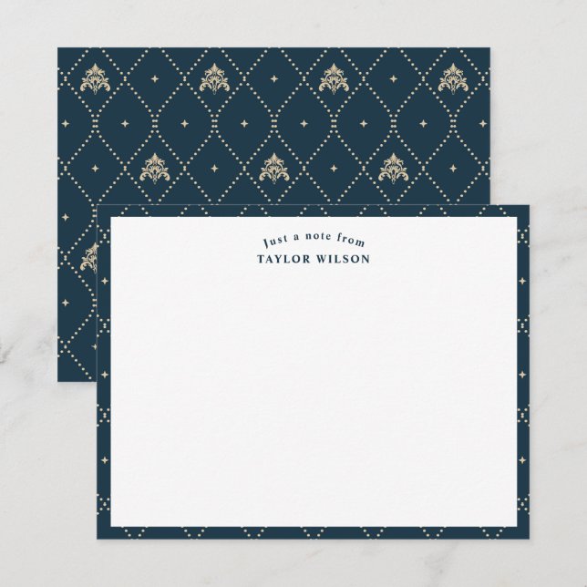 Navy & Guld Damask Gitter Personlig Anteckningskort (Fram/baksida)
