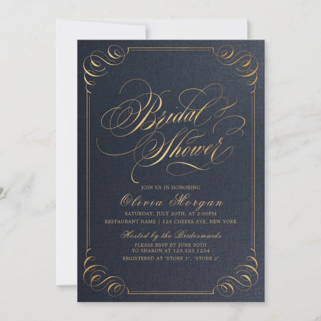 Navy guld elegant kalligrafi Bröllopsdusch Inbjudningar (Framsida)