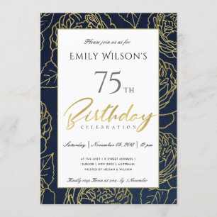 NAVY GULD ELEGANT RO BLOMMIGT NY AGE BIRTHDAY INBJUDNINGAR