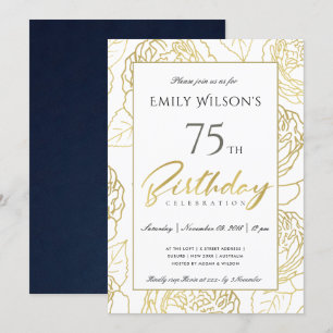 NAVY GULD ELEGANT RO BLOMMIGT  NY AGE BIRTHDAY INBJUDNINGAR