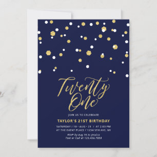 Navy & Guld Enkel Twenty One 21-årsfest Inbjudningar