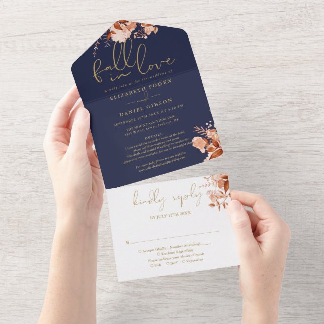 Navy Guld Fall In Love Blommiga Detaljer RSVP Bröl (Avrivbar del)