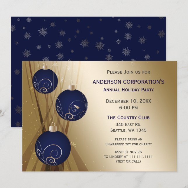 Navy Guld Festive Corporate julfest Inbjudningar (Fram/baksida)