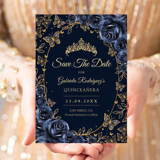 Navy Guld Fjärilar Rosor Quinceanera Spara Datumet (Skapare uppladdad)