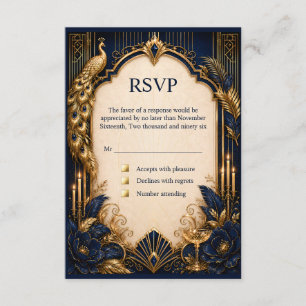 Navy guld gatsby påfågel RSVP bröllop lyxigt Tilläggskort