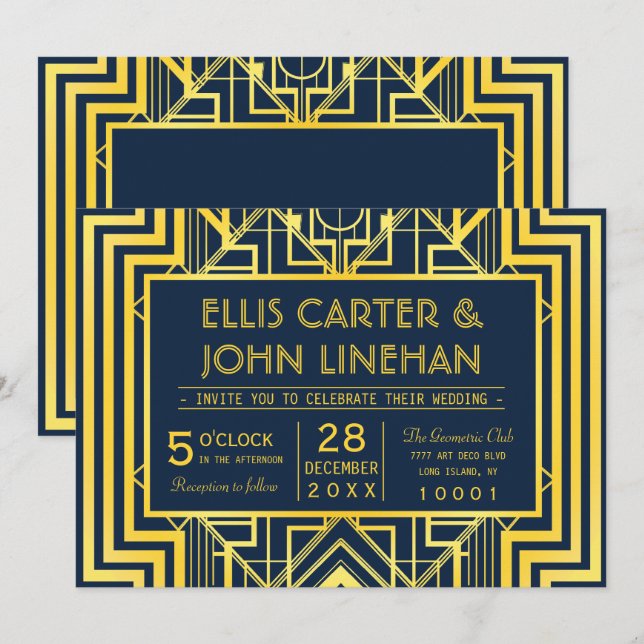 Navy & Guld Geometriska Bröllopsinbjudningar Inbjudningar (Fram/baksida)